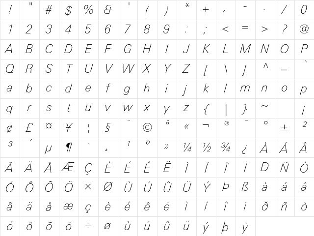LinotypeUnivers BasicThinItalic Character Map