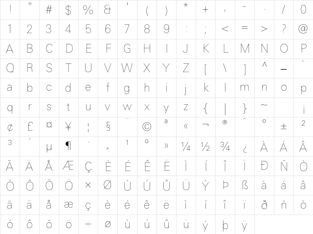 LinotypeUnivers BasicUltraLight Character Map LinotypeUnivers BasicUltraLight Character Map