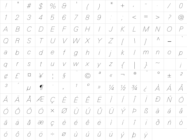LinotypeUnivers BasicUltraLightIt Character Map LinotypeUnivers BasicUltraLightIt Character Map