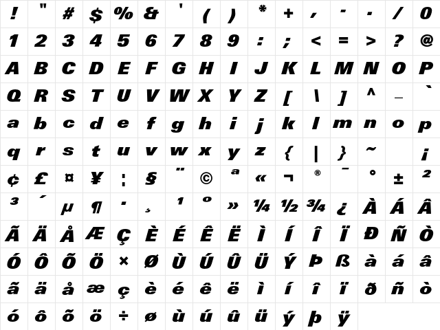 LinotypeUnivers BasicXBlackItalic Character Map