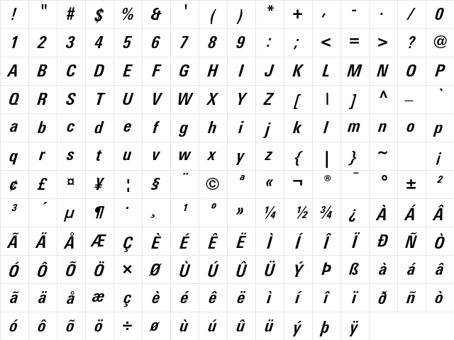 LinotypeUnivers CondBoldItalic Character Map