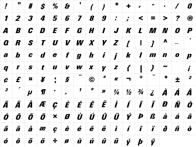 LinotypeUnivers CondExtraBlackIt Character Map