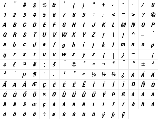 LinotypeUnivers CondHeavyItalic Character Map