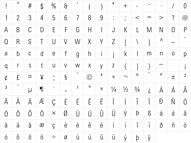 LinotypeUnivers CondLight Character Map LinotypeUnivers CondLight Character Map