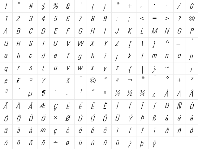 LinotypeUnivers CondLightItalic Character Map