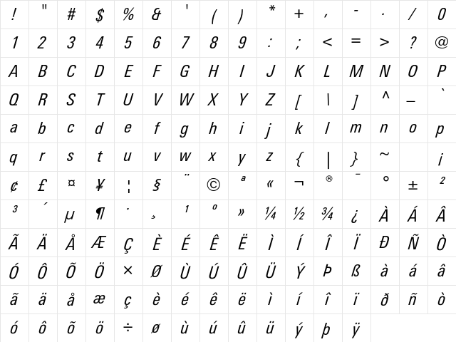 LinotypeUnivers CondRegularItalic Character Map