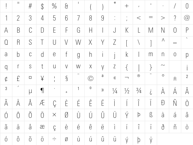 LinotypeUnivers CondThin Character Map