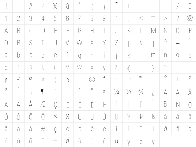 LinotypeUnivers CondUltraLight Character Map