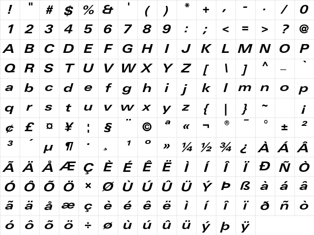 LinotypeUnivers ExtdBoldItalic Character Map