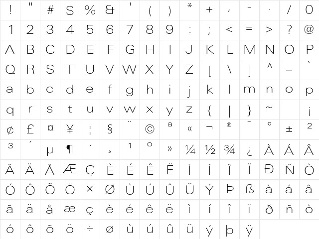 LinotypeUnivers ExtdThin Character Map