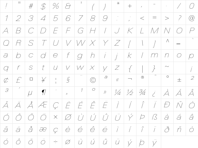 LinotypeUnivers ExtdUltLightItalic Character Map
