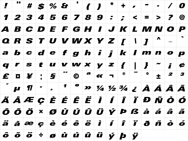 LinotypeUnivers ExtdXBlackItalic Character Map