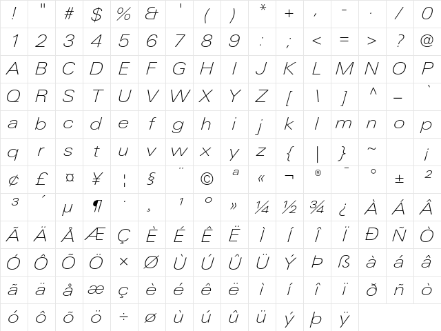 LinotypeUnivers ExtendedThinItalic Character Map
