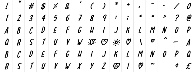 Lovehearts XYZ Italic Character Map Lovehearts XYZ Italic Character Map