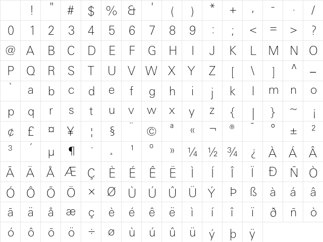 LTUnivers 230 BasicThin Character Map LTUnivers 230 BasicThin Character Map