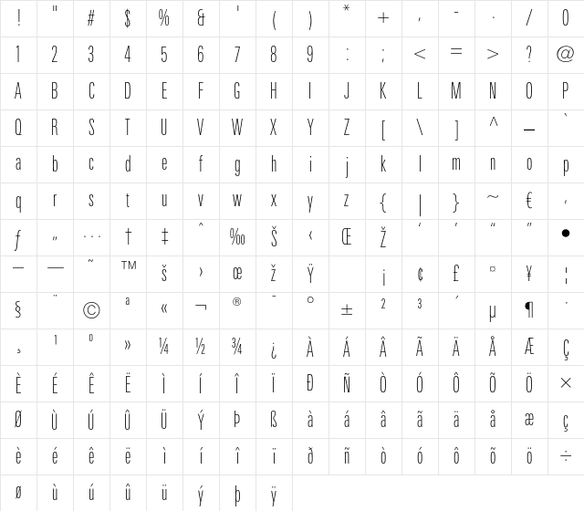 LTUnivers 210 CompThin Character Map