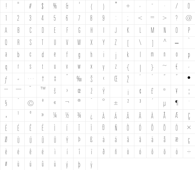 LTUnivers 110 CompUltLight Character Map