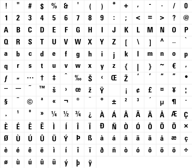 LTUnivers 720 CondHeavy Character Map