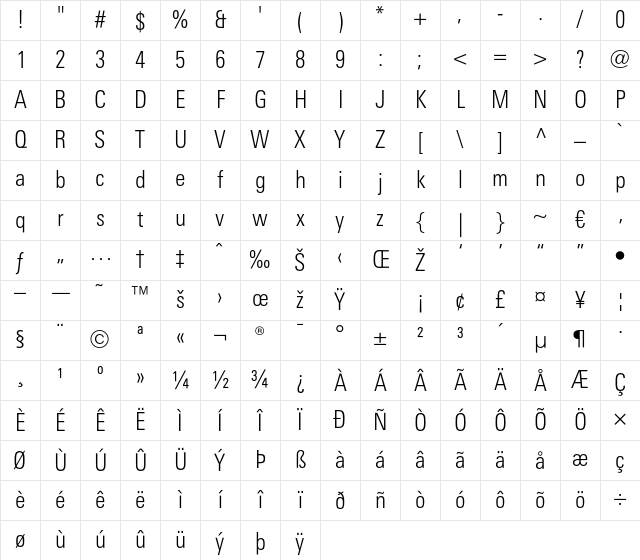 LTUnivers 320 CondLight Character Map