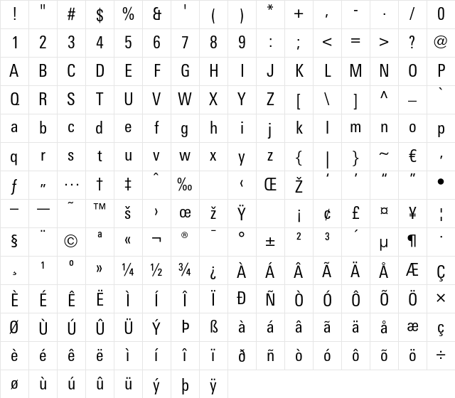 LTUnivers 420 CondRegular Character Map