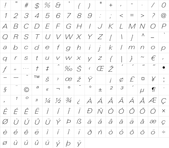 LTUnivers 241 ExtdThinIt Character Map