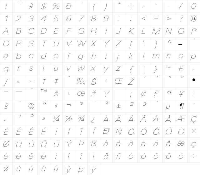 LTUnivers 141 ExtdUltLtIt Character Map