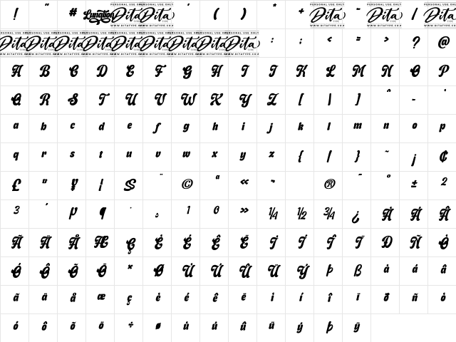 Lunation Personal Use Regular Character Map