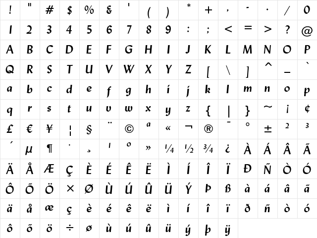 Lydian Bold Italic Character Map