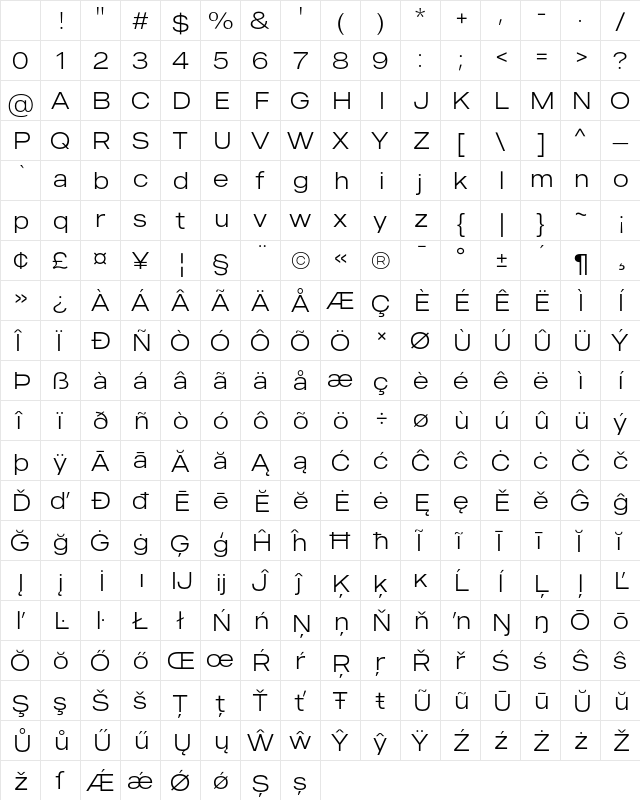 MADE Outer Sans Thin Character Map