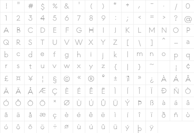 MADE INFINITY Outline Personal Use Thin Regular Character Map