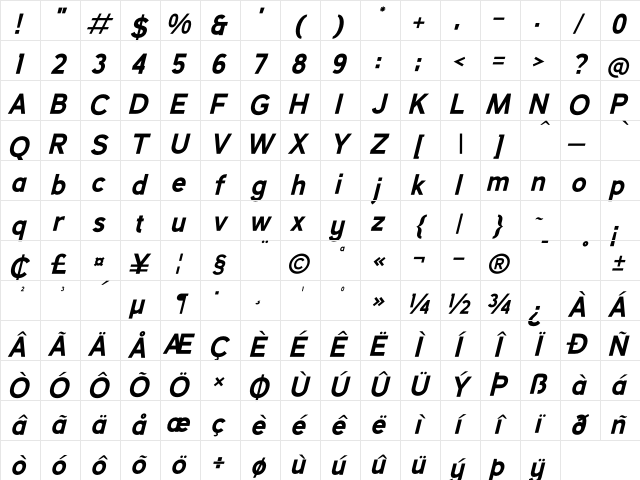 Mashetic Italic Character Map