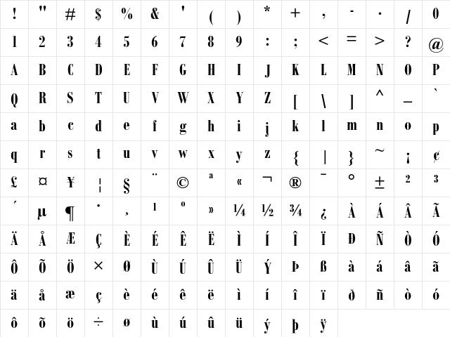 Bodoni Bold Condensed Character Map