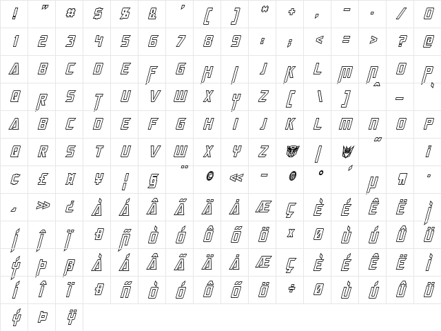 Megatron Hollow Condensed Italic Character Map Megatron Hollow Condensed Italic Character Map