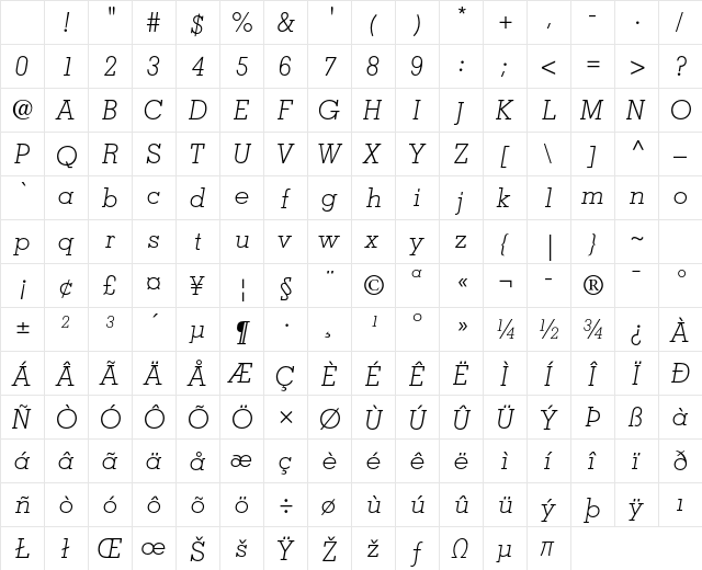 Memphis LT Std Light Italic Character Map