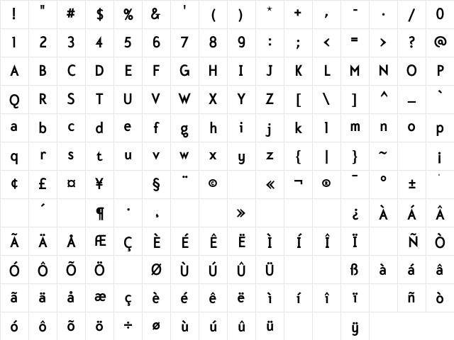 Mercury Bold Character Map