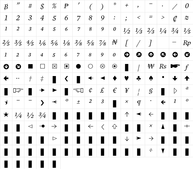 Mercury Numeric G1 Italic Character Map