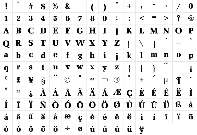 Mezzo Bold Character Map