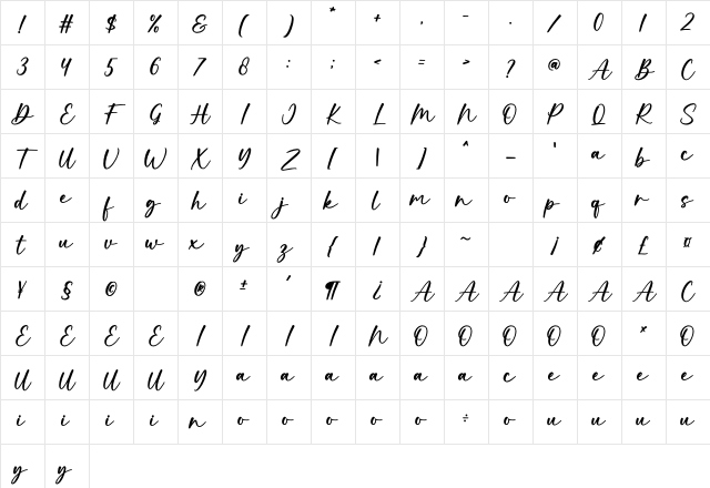 Monica Regular Character Map Monica Regular Character Map