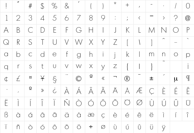 Montreal-Xlight Regular Character Map