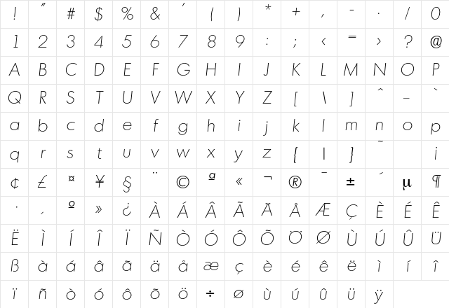 Montreal-XlightIta Regular Character Map