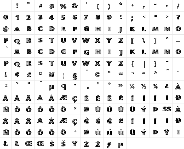 Moonglow Bold Extended Character Map