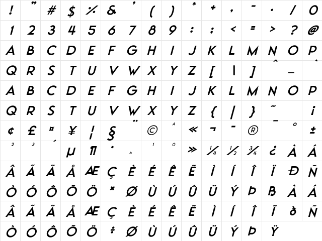 Moonrising Italic Character Map