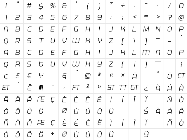 MorganBig LightItalic Character Map