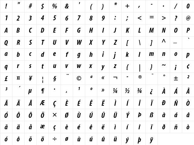 Myriad Bold Condensed Italic Character Map Myriad Bold Condensed Italic Character Map