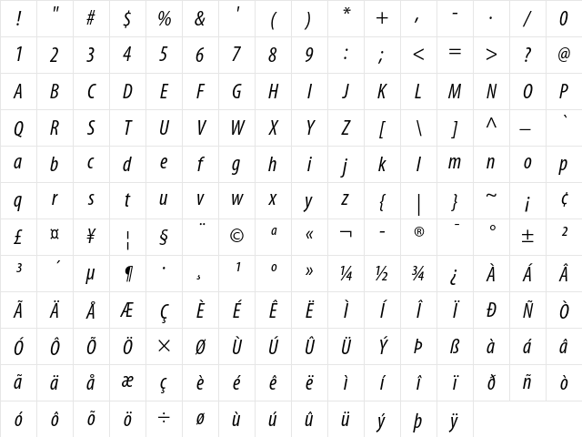 Myriad Condensed Italic Character Map Myriad Condensed Italic Character Map