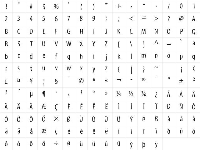 Myriad Std Tilt Character Map