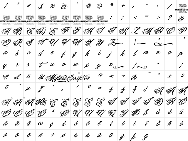 Myteri Script PERSONAL USE ONLY Bold Italic Character Map