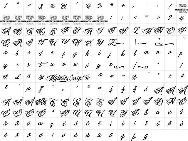 Myteri Script PERSONAL USE ONLY Bold Character Map