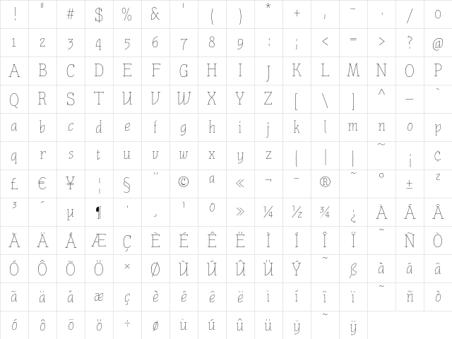 Nautik Extralight Character Map