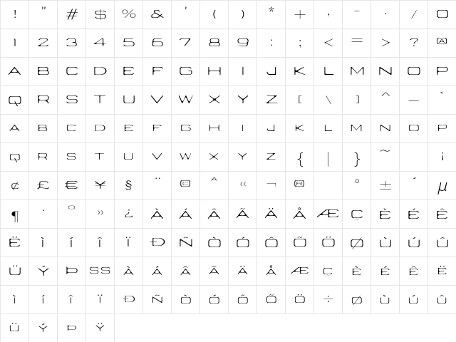 Nedian ExtraLight Character Map